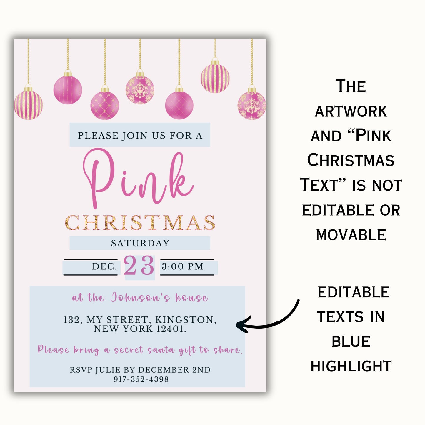 Editable Pink Christmas Party Invitation