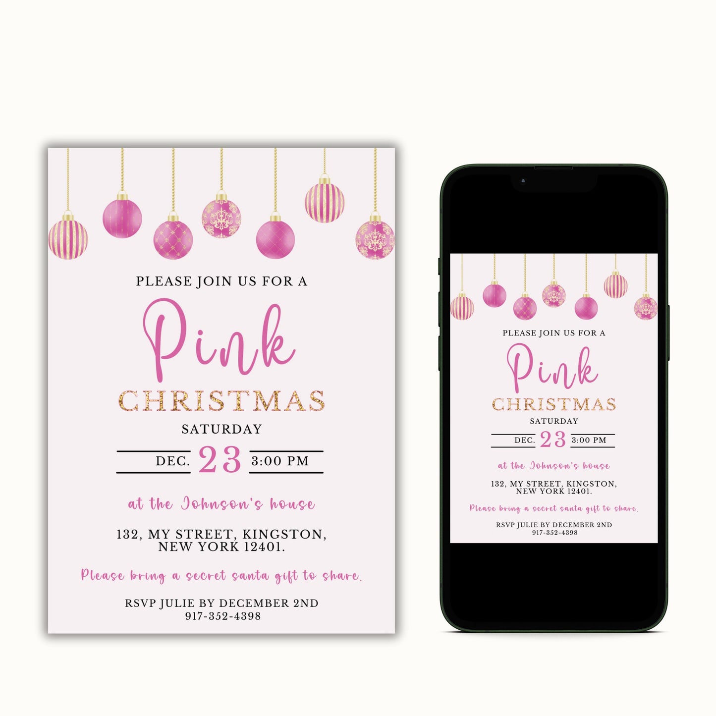 Editable Pink Christmas Party Invitation