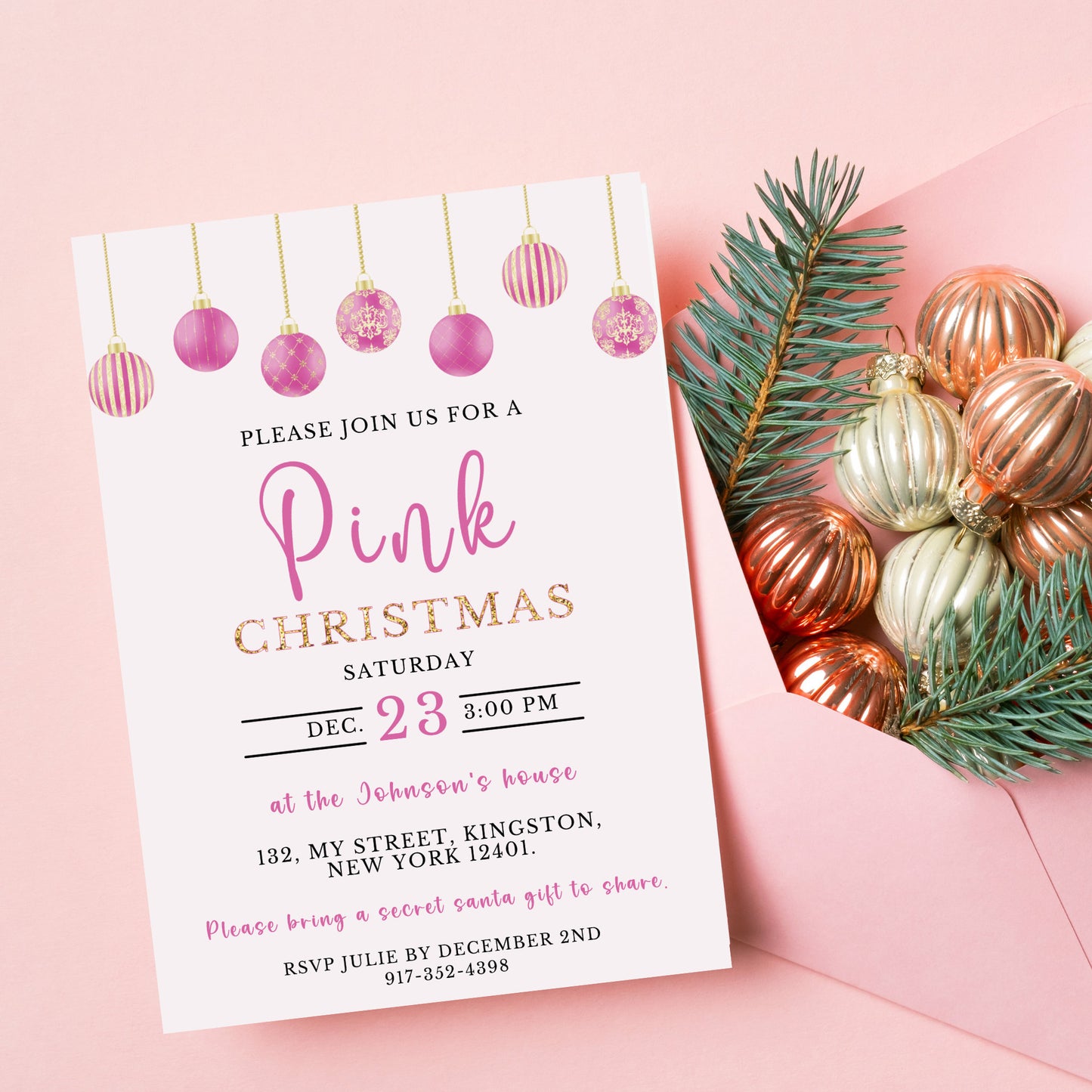 Editable Pink Christmas Party Invitation