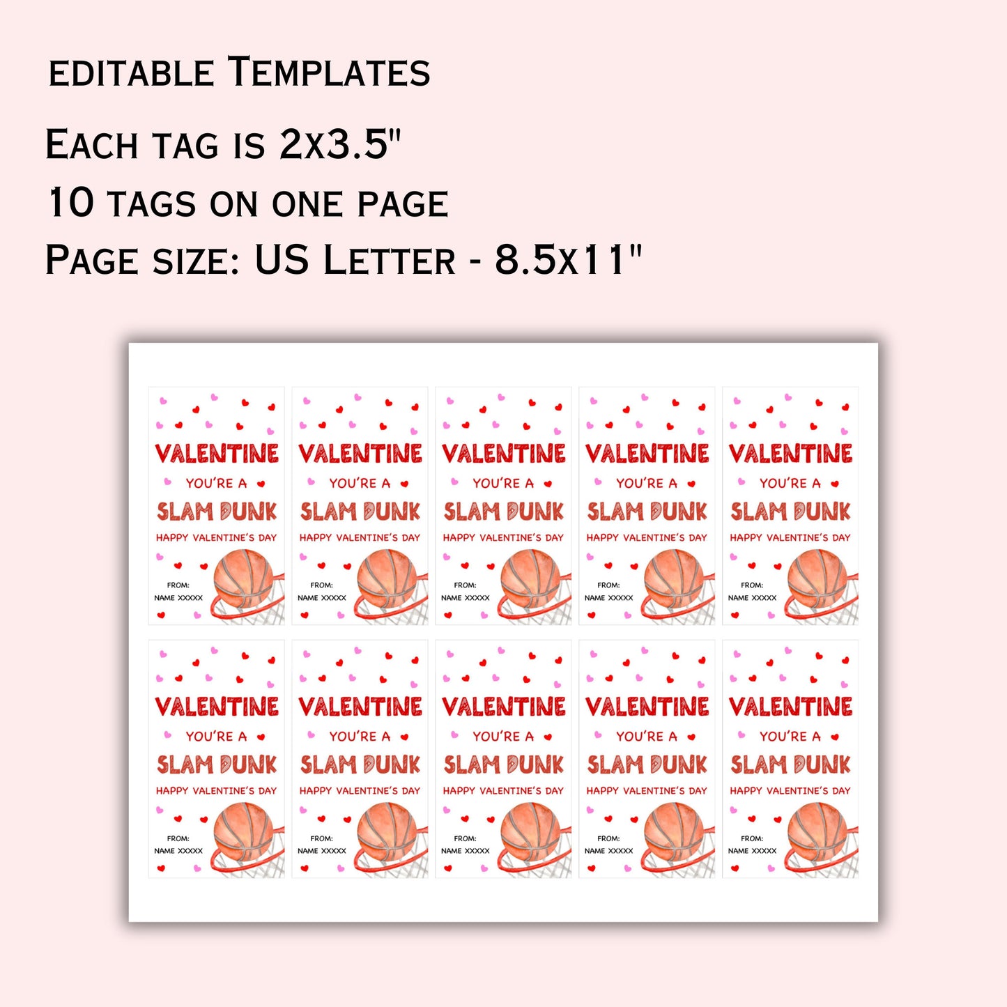 Editable Valentine Gift Tag Template - You're a Slam Dunk -