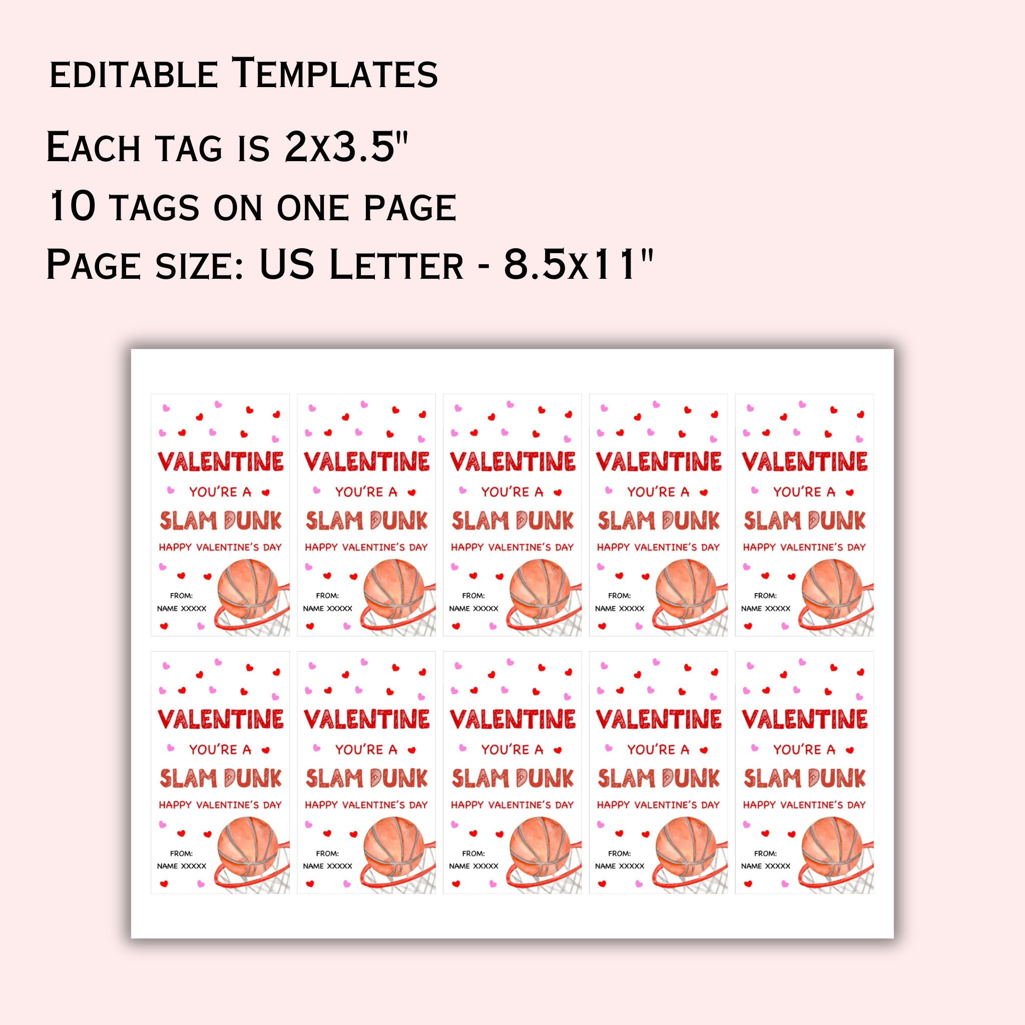 Editable Valentine Gift Tag Template - You're a Slam Dunk -