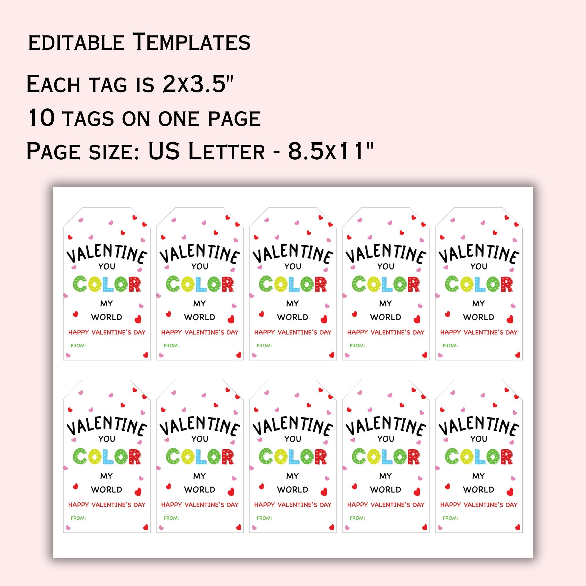 Editable Valentine Gift Tag Template - You Color my World